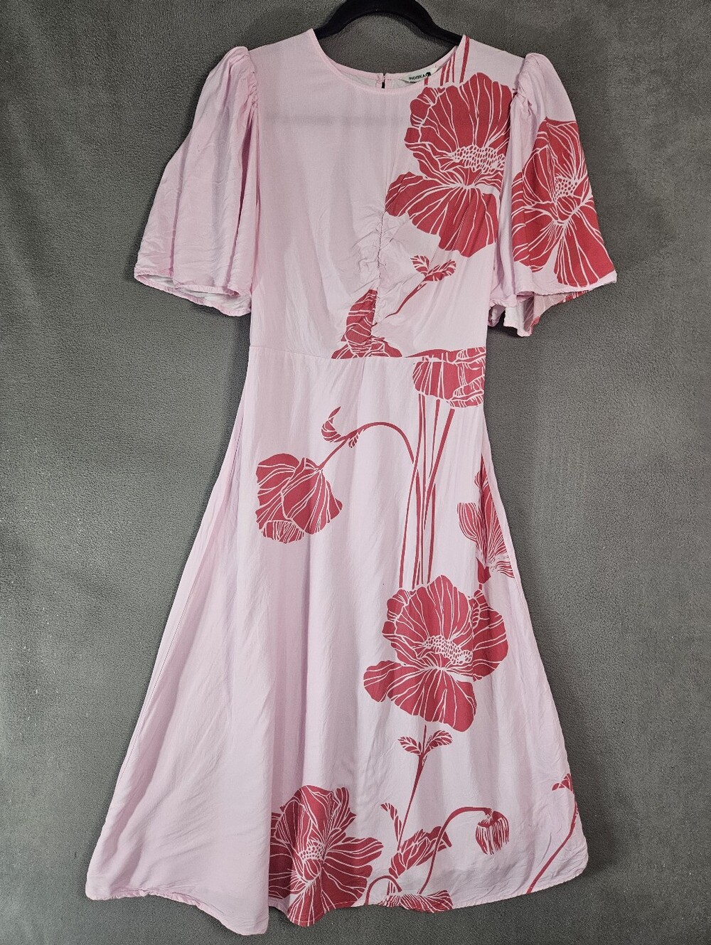 Indiska Fit Flare Tropical Hawaiian Dress Puff Short Sleeve Pink Keyhole Small